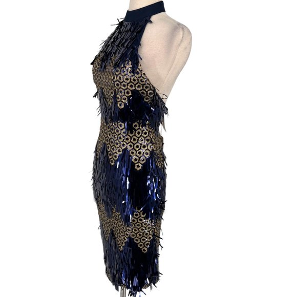 L'Atiste Metallic Halter Honeycomb Dress Blue Gold Size Medium NWT - Picture 4 of 11